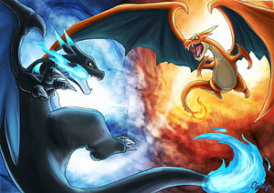 Charizard and Dark Dragon Battle in Fire and Ice Anime Style Wallpaper HD wallpaper
