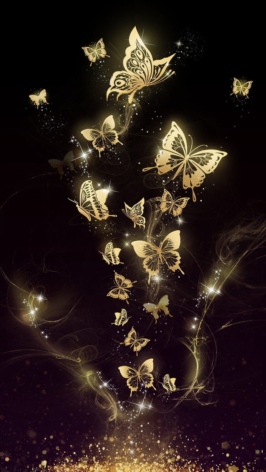 Elegant Golden Butterflies with Sparkling Light Trails on a Dark Background HD phone wallpaper