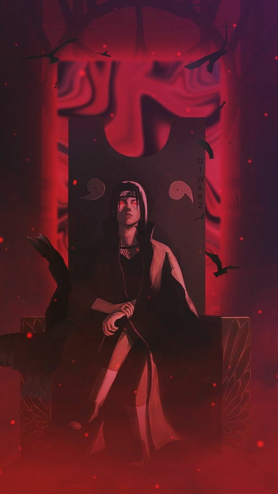 Itachi Uchiha Sharingan Anime Character Sitting on Throne Dark Red Background HD phone wallpaper