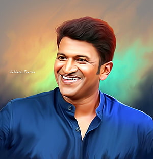 Digital Art Portrait of Actor Prakash Raj Smiling in Blue Shirt HD phone wallpaper