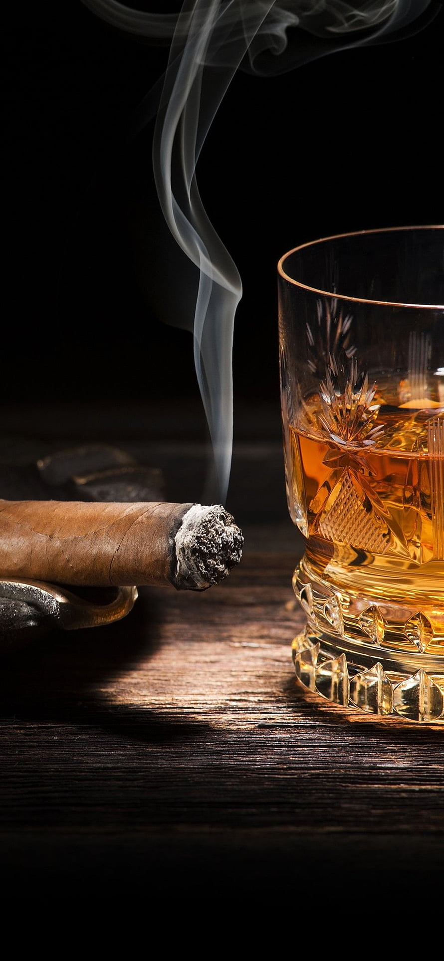 Smoking Cigar and Glass of Whiskey on Dark Wooden Table HD phone wallpaper