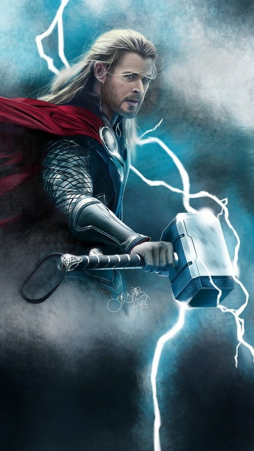 Thor God of Thunder Holding Mjolnir with Lightning and Red Cape HD phone wallpaper