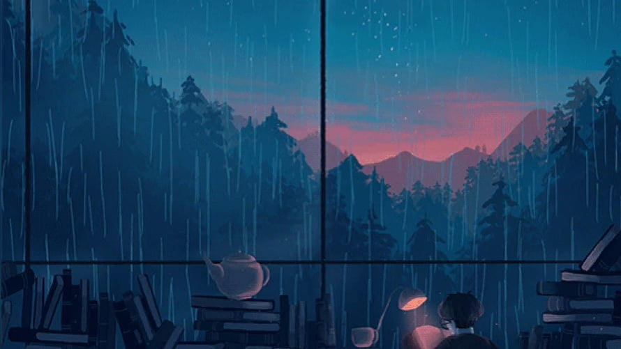 Cozy Anime Room With Rainy Window View And Stacks Of Books HD wallpaper