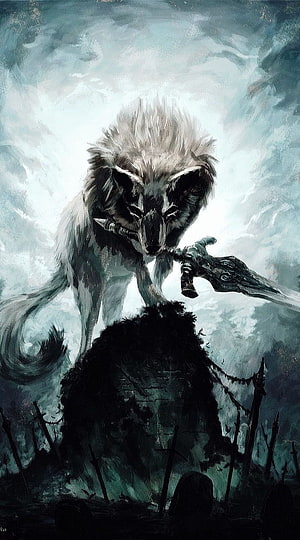 Sif the Great Grey Wolf from Dark Souls in a Dark Fantasy Battle Scene HD phone wallpaper
