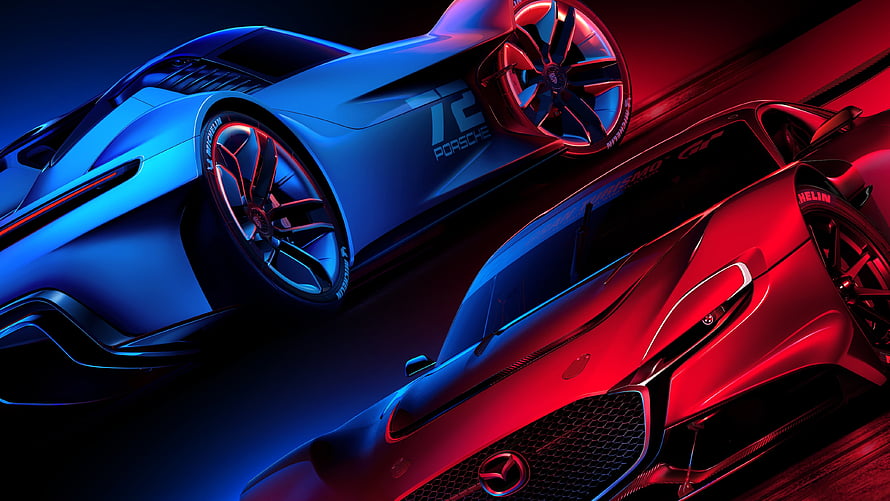Gran Turismo 7 Concept Supercars in Neon Blue and Red Lighting HD wallpaper
