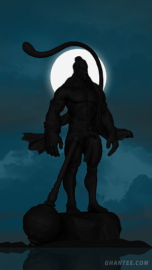 Silhouette of Hanuman Standing on Rock with Gada Against Full Moon, Hanuman, god hindu hanuman ji, god hindu, hanuman ji HD phone wallpaper