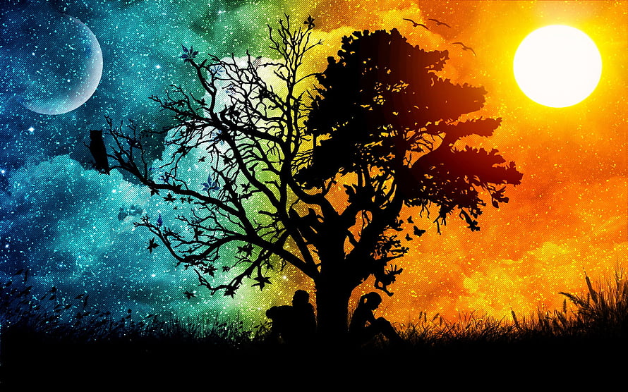 Silhouetted Tree and Figures Under a Split Sky of Moonlit Night and Golden Day HD wallpaper