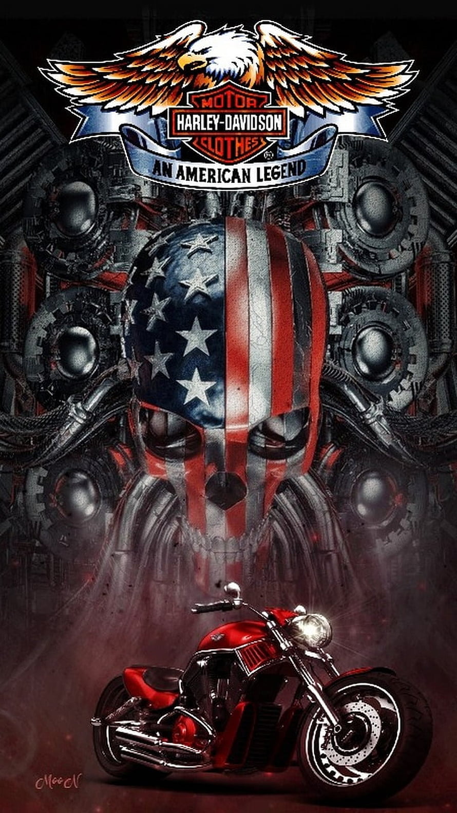 Harley-Davidson American Legend Skull and Red Motorcycle Artwork HD phone wallpaper