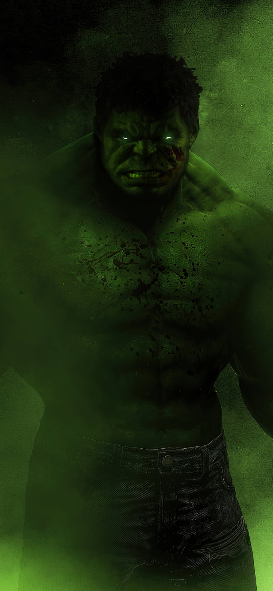 Incredible Hulk Dark Green Portrait with Glowing Eyes and Blood Splatter HD phone wallpaper