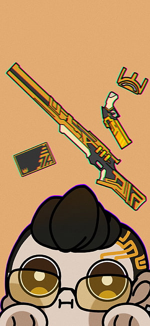 Cute Chamber Chibi Character with Valorant Weapons and Glitch Art Style HD phone wallpaper