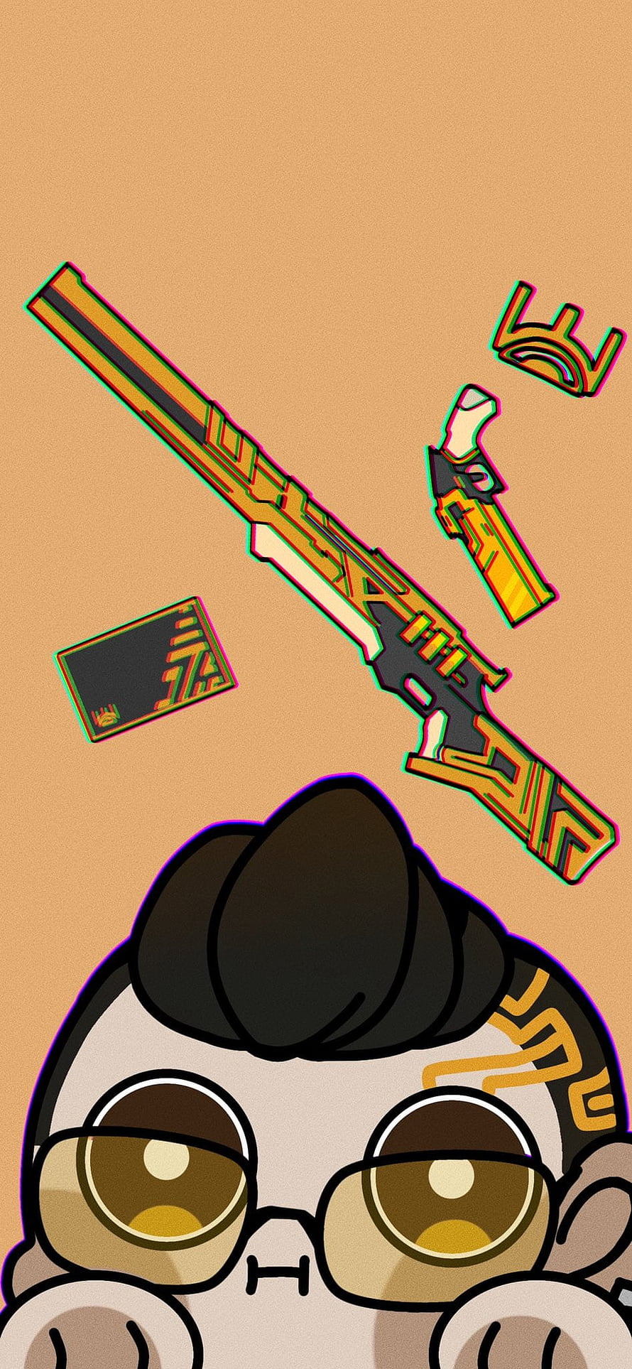 Cute Chamber Chibi Character with Valorant Weapons and Glitch Art Style HD phone wallpaper