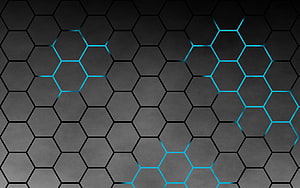 Dark Hexagonal Grid Pattern with Cyan Neon Accents on Textured Background HD wallpaper