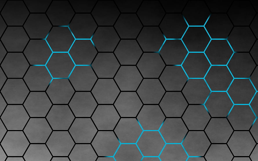 Dark Hexagonal Grid Pattern with Cyan Neon Accents on Textured Background HD wallpaper