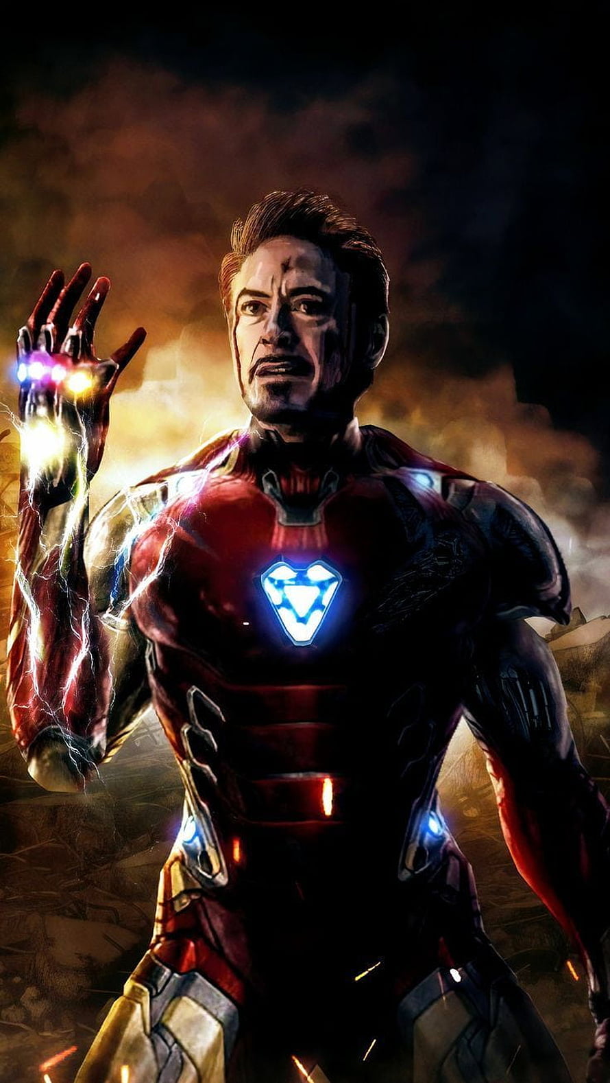Iron Man Wielding Infinity Gauntlet in Dramatic Cinematic Battle Scene, Iron Man Gauntlet, Iron Man Infinity War HD phone wallpaper