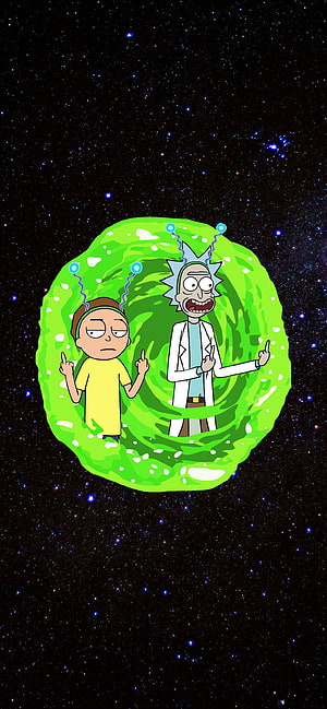 Rick and Morty Characters Emerging from Green Portal in Deep Space HD phone wallpaper
