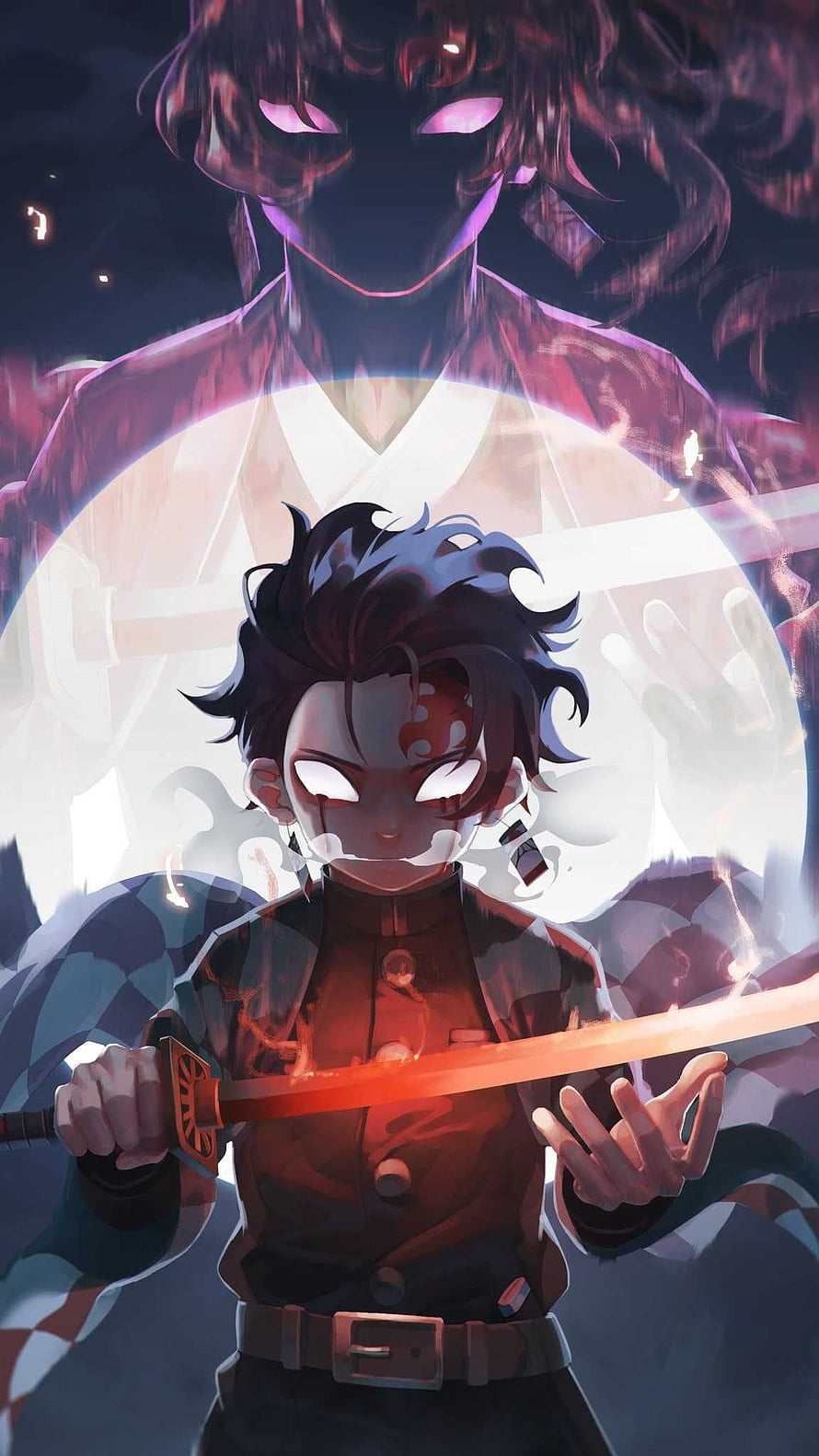 Demon Slayer Tanjiro Kamado Anime Illustration with Glowing Eyes and Katana HD phone wallpaper