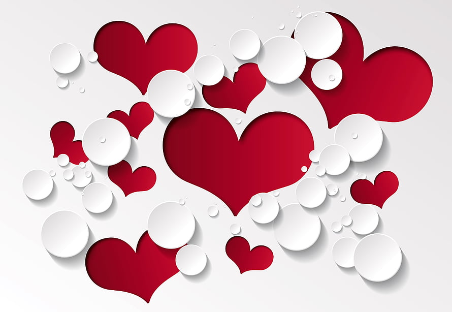 Red Paper Cutout Hearts and White Circles on a Light Gray Background HD wallpaper