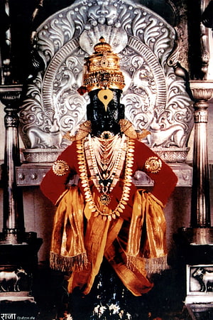 Ornate Vitthal Deity Statue Adorned in Traditional Red and Gold Temple Attire HD phone wallpaper