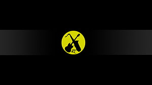Minimalist Yellow Circle Logo with Crossed Guitar and Saxophone Silhouettes on Black Background HD wallpaper