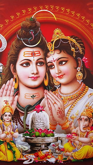Shiva and Parvati Praying to Shiva Lingam with Ganesha and Kartikeya Hindu Deity Art HD phone wallpaper