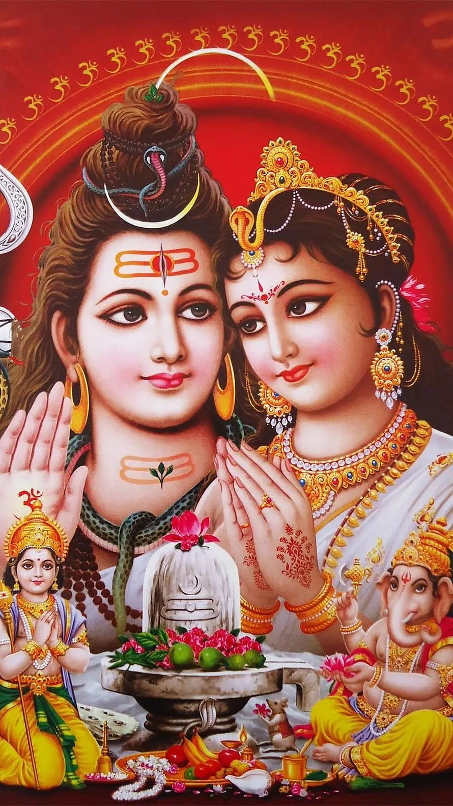 Shiva and Parvati Praying to Shiva Lingam with Ganesha and Kartikeya Hindu Deity Art HD phone wallpaper