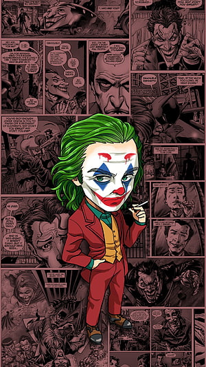 Chibi Joker Character Illustration With Green Hair And Red Suit Over Comic Book Background HD phone wallpaper