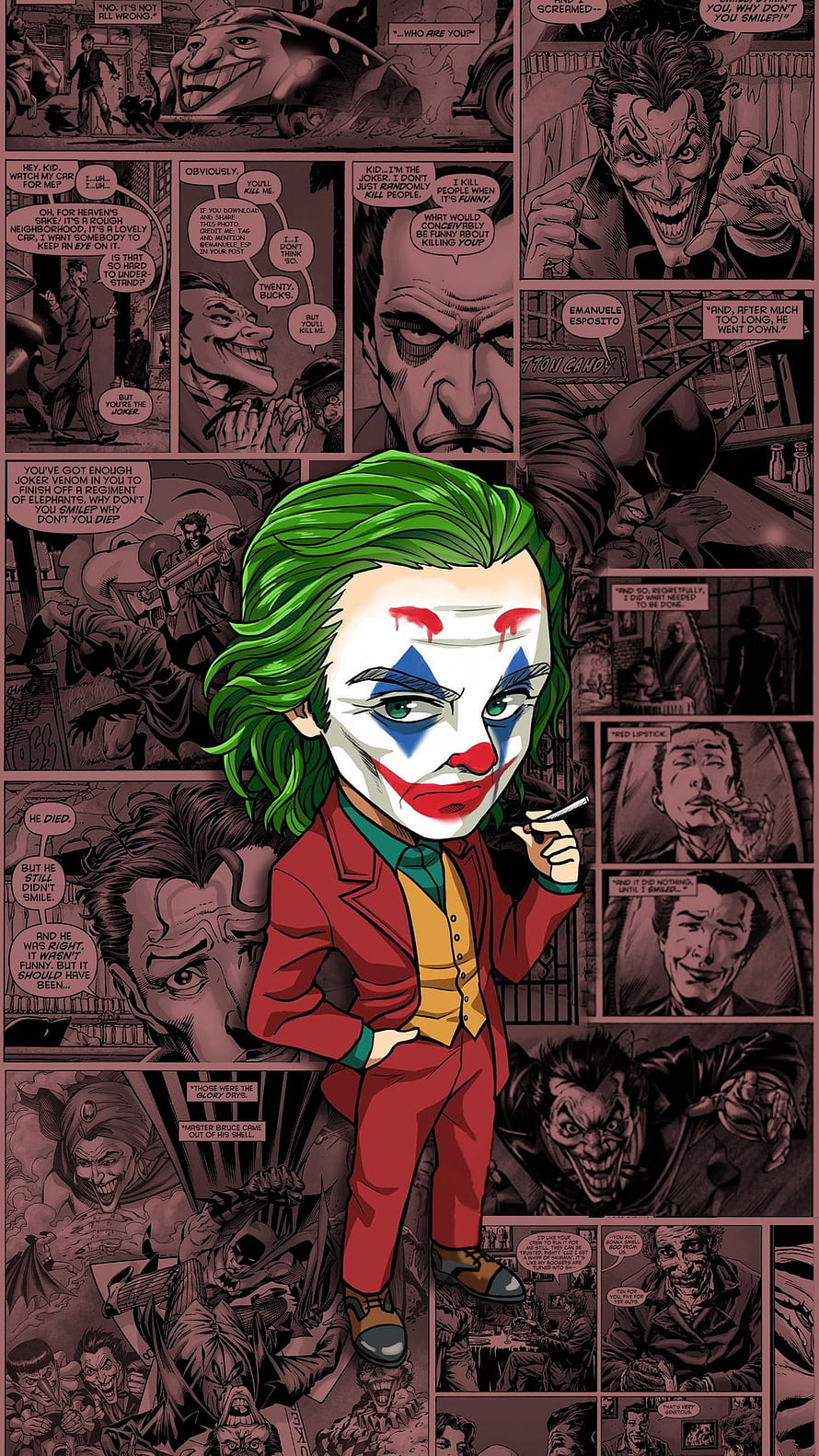 Chibi Joker Character Illustration With Green Hair And Red Suit Over Comic Book Background HD phone wallpaper