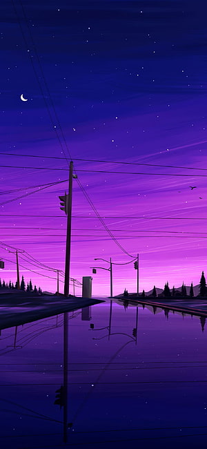 Purple Night Sky With Stars And Moon Over Flooded Street Reflection HD phone wallpaper