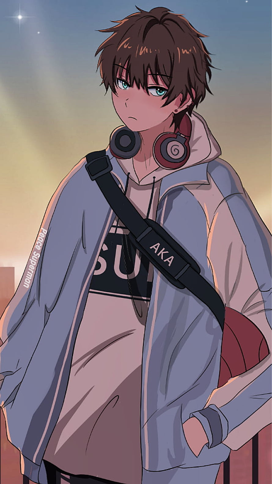 Anime Boy With Headphones Around Neck Wearing Hoodie And Jacket Sunset Background HD phone wallpaper
