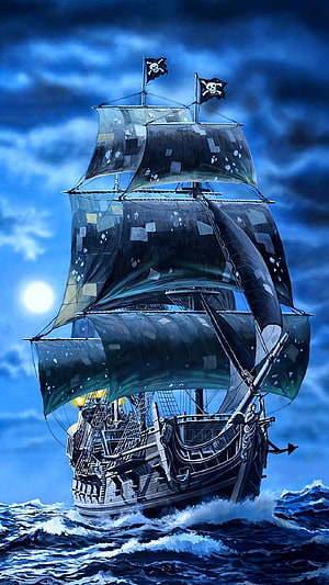 Black Pearl pirate galleon sailing through stormy seas under a full moon HD phone wallpaper
