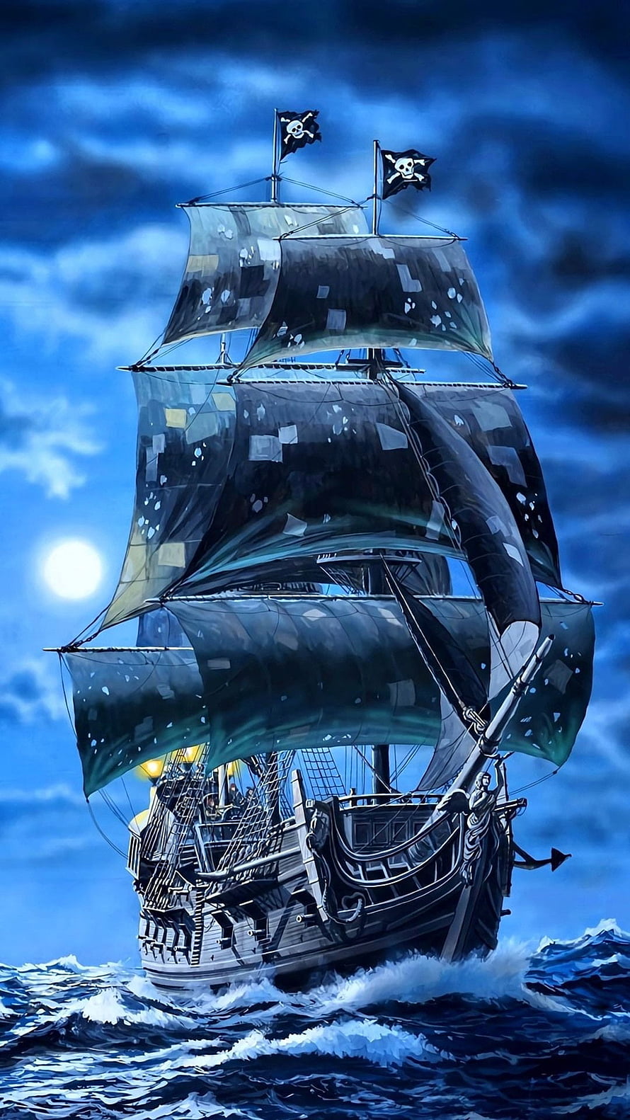Black Pearl pirate galleon sailing through stormy seas under a full moon HD phone wallpaper