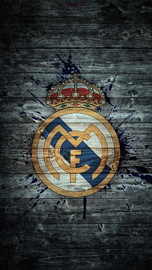 Real Madrid Club Crest on Dark Weathered Wood with Blue Ink Splatter HD phone wallpaper