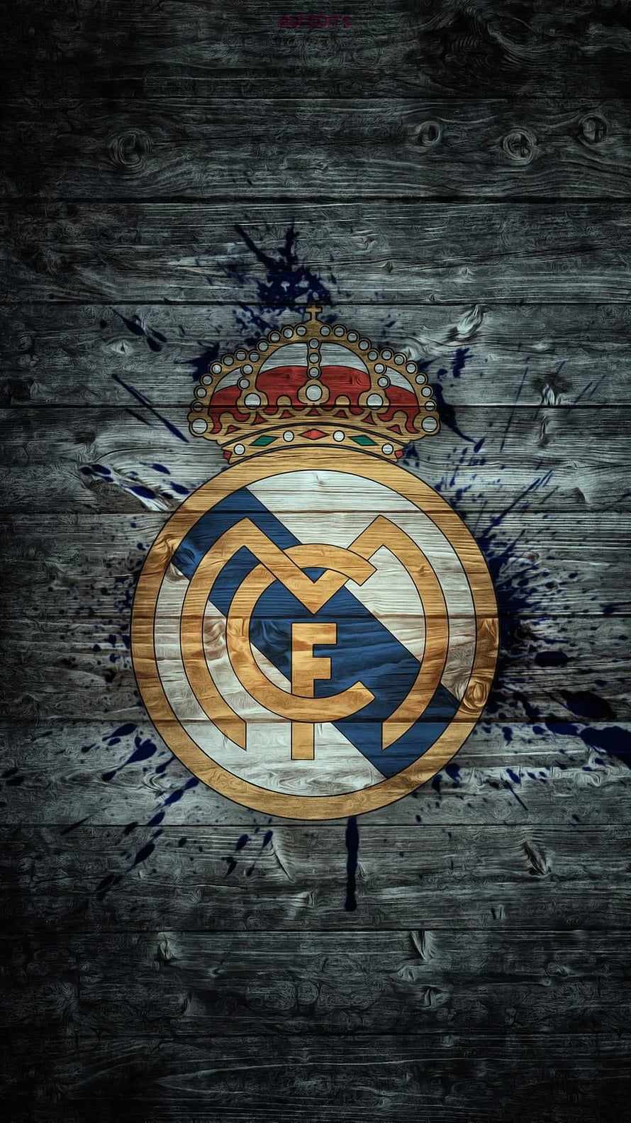 Real Madrid Club Crest on Dark Weathered Wood with Blue Ink Splatter HD phone wallpaper
