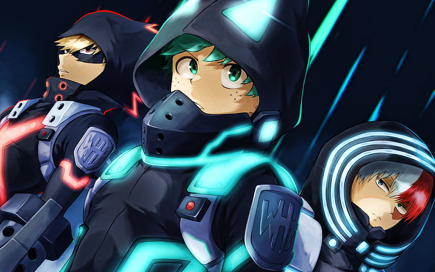 My Hero Academia trio in tactical hooded gear with glowing neon accents HD wallpaper