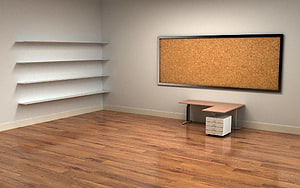 Minimalist Office Interior with Wooden Floor, Cork Board, and Floating Shelves HD wallpaper