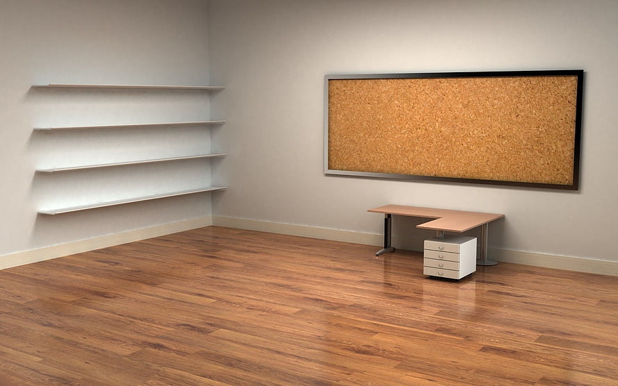 Minimalist Office Interior with Wooden Floor, Cork Board, and Floating Shelves HD wallpaper