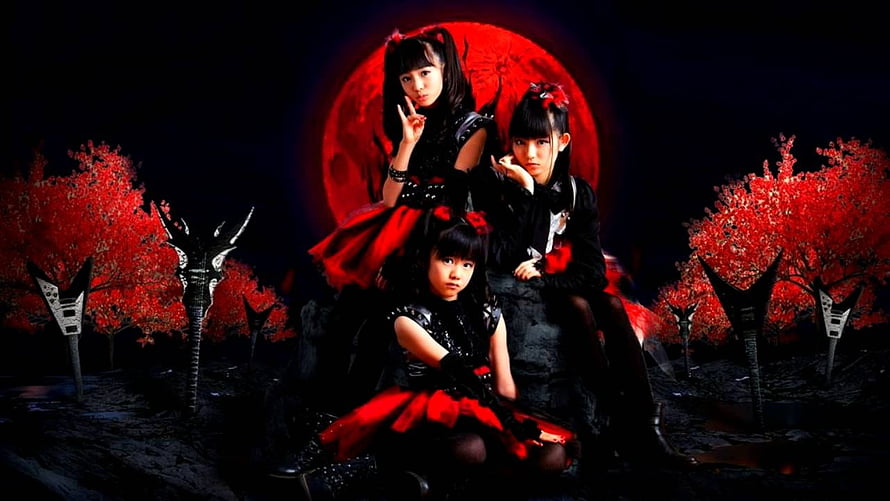 Babymetal Members in Black and Red Gothic Outfits Under a Blood Moon HD wallpaper