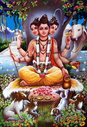 Lord Dattatreya Tri-Mukhi Deity with White Bull and Dogs in Lotus Garden HD phone wallpaper