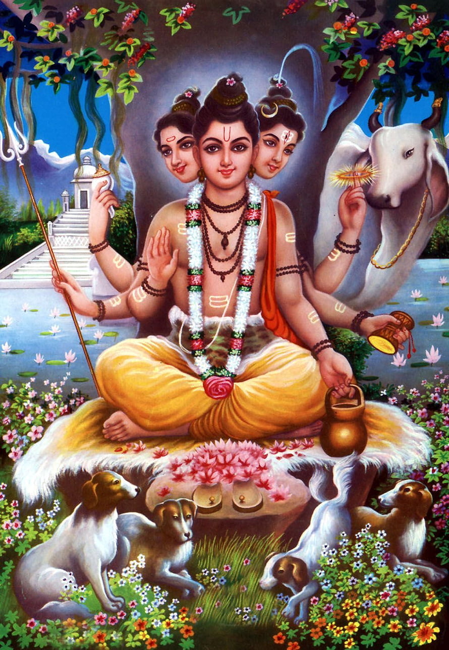 Lord Dattatreya Tri-Mukhi Deity with White Bull and Dogs in Lotus Garden HD phone wallpaper