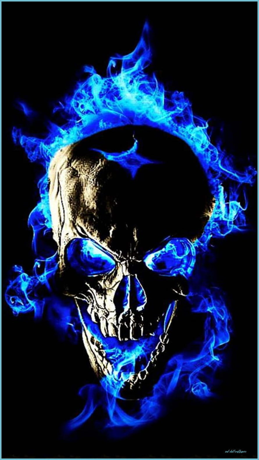 Glowing Blue Fire Skull With Chain On Black Background HD phone wallpaper