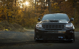 Black Dodge Durango SRT Hellcat on Forest Road at Sunset HD wallpaper