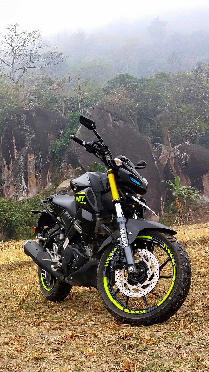 Black Yamaha MT-15 Motorcycle with Neon Green Accents in Misty Mountain Landscape HD phone wallpaper