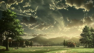 Attack on Titan Countryside Scenery with Dramatic Clouds and Distant Hills HD wallpaper