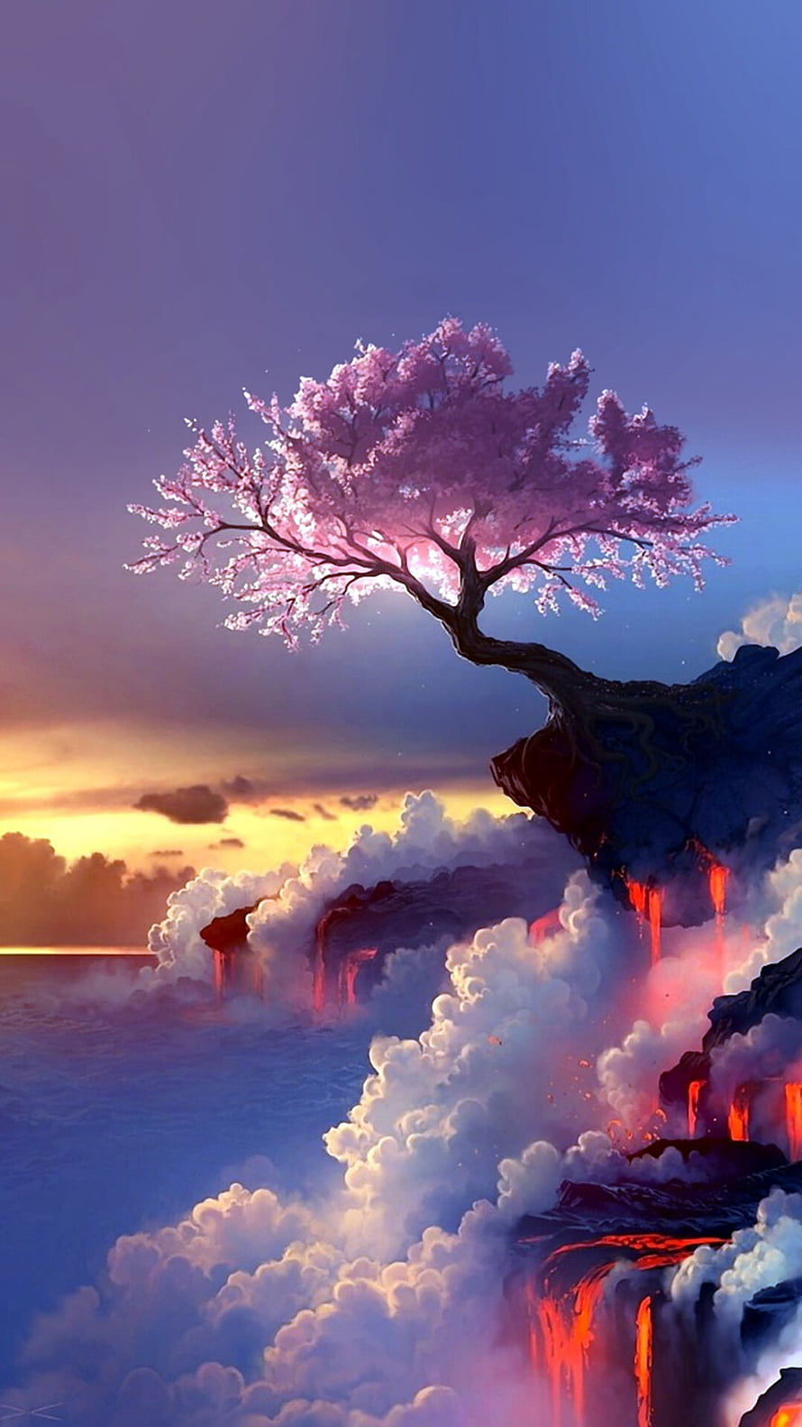 Fantasy Cherry Blossom Tree on Floating Island with Lava Waterfalls and Sunset Clouds HD phone wallpaper