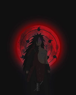 Madara Uchiha Anime Character Standing Before a Glowing Red Moon with Rinnegan Symbol HD phone wallpaper
