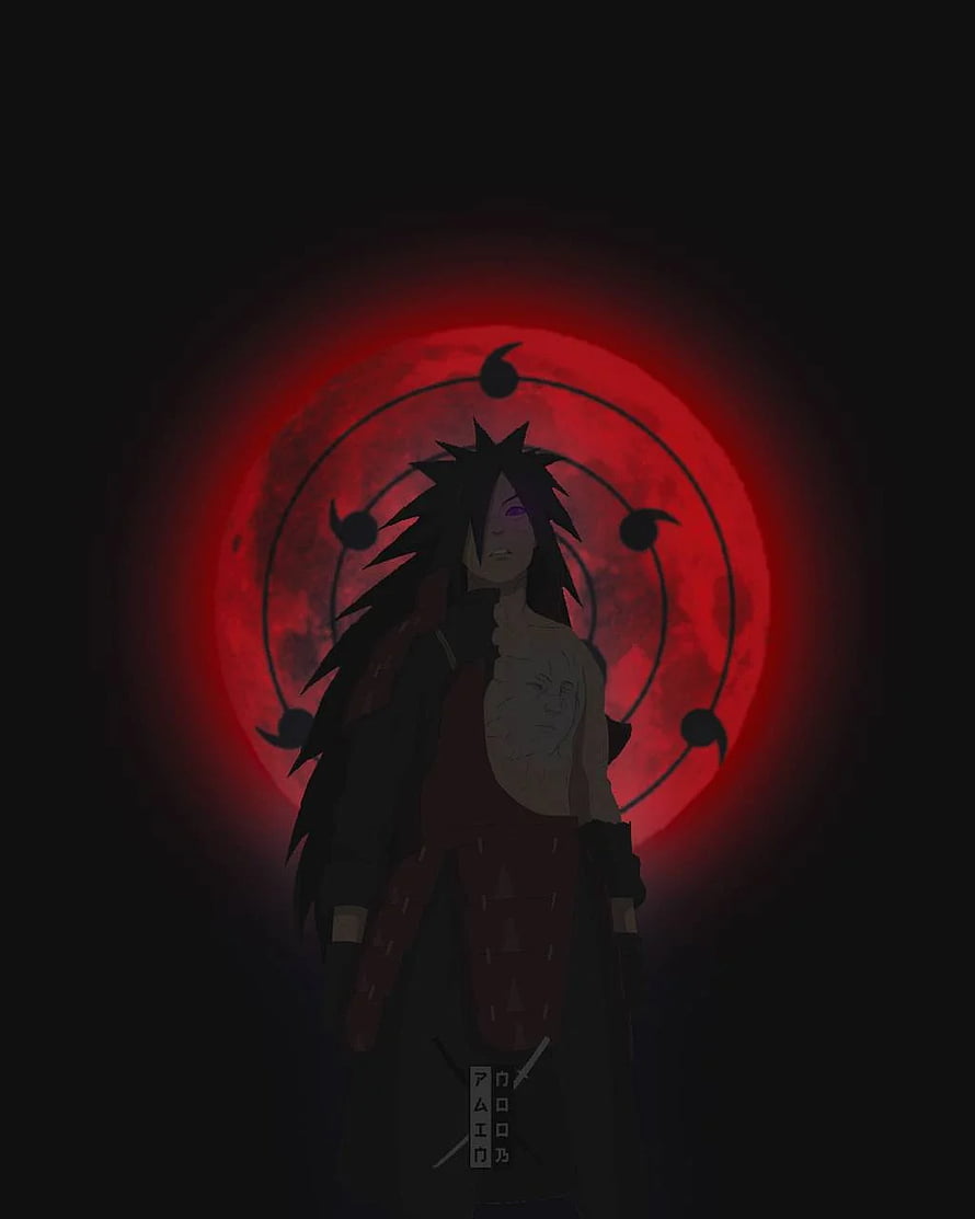 Madara Uchiha Anime Character Standing Before a Glowing Red Moon with Rinnegan Symbol HD phone wallpaper