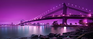 Manhattan Bridge at Night with Vibrant Purple Sky and City Skyline Reflection, background, Ultra Wide 3440X1440 HD wallpaper