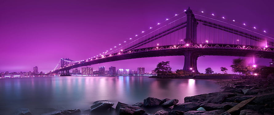 Manhattan Bridge at Night with Vibrant Purple Sky and City Skyline Reflection, background, Ultra Wide 3440X1440 HD wallpaper
