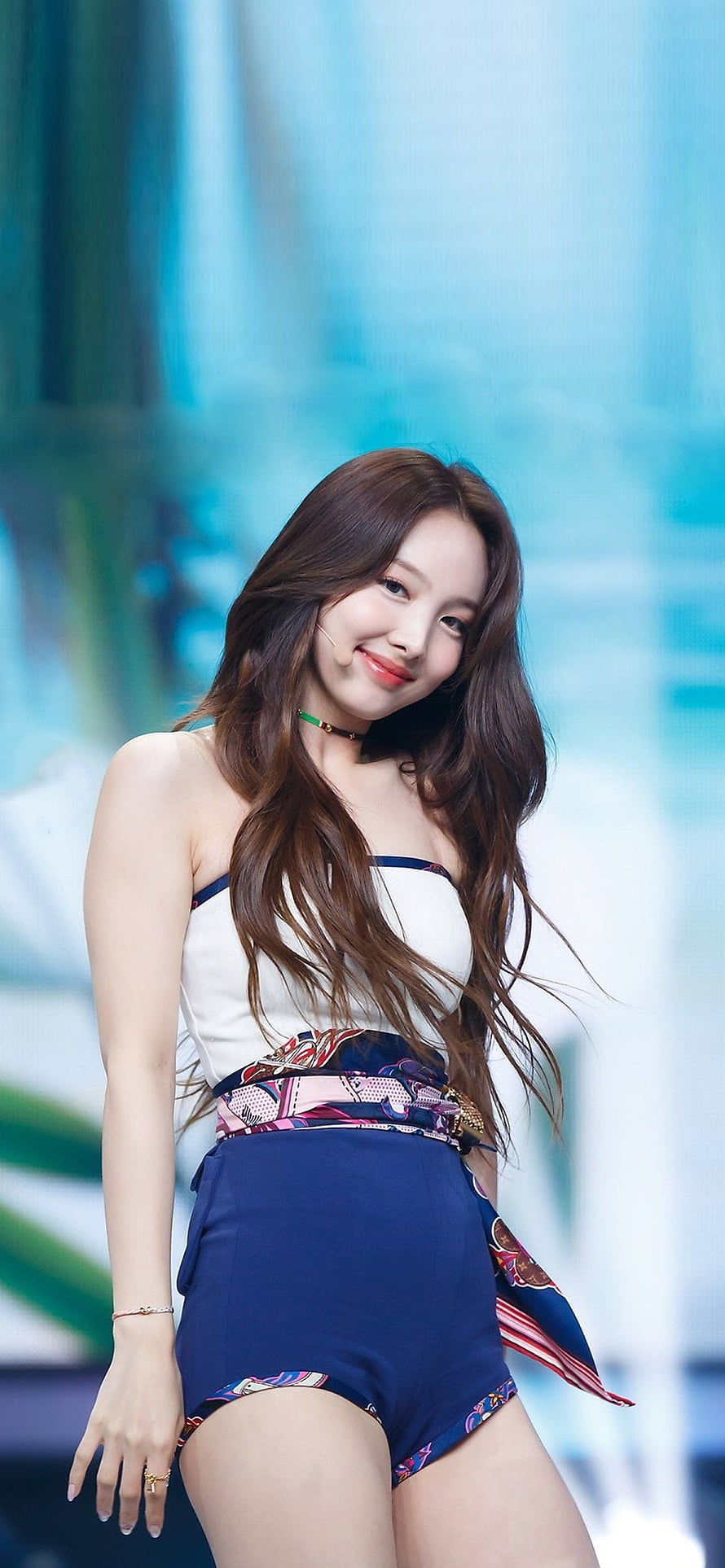 Nayeon from TWICE in a white strapless top and navy shorts on stage HD phone wallpaper
