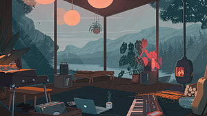 Cozy Music Studio Cabin Interior With Rainy Mountain Lake View HD wallpaper